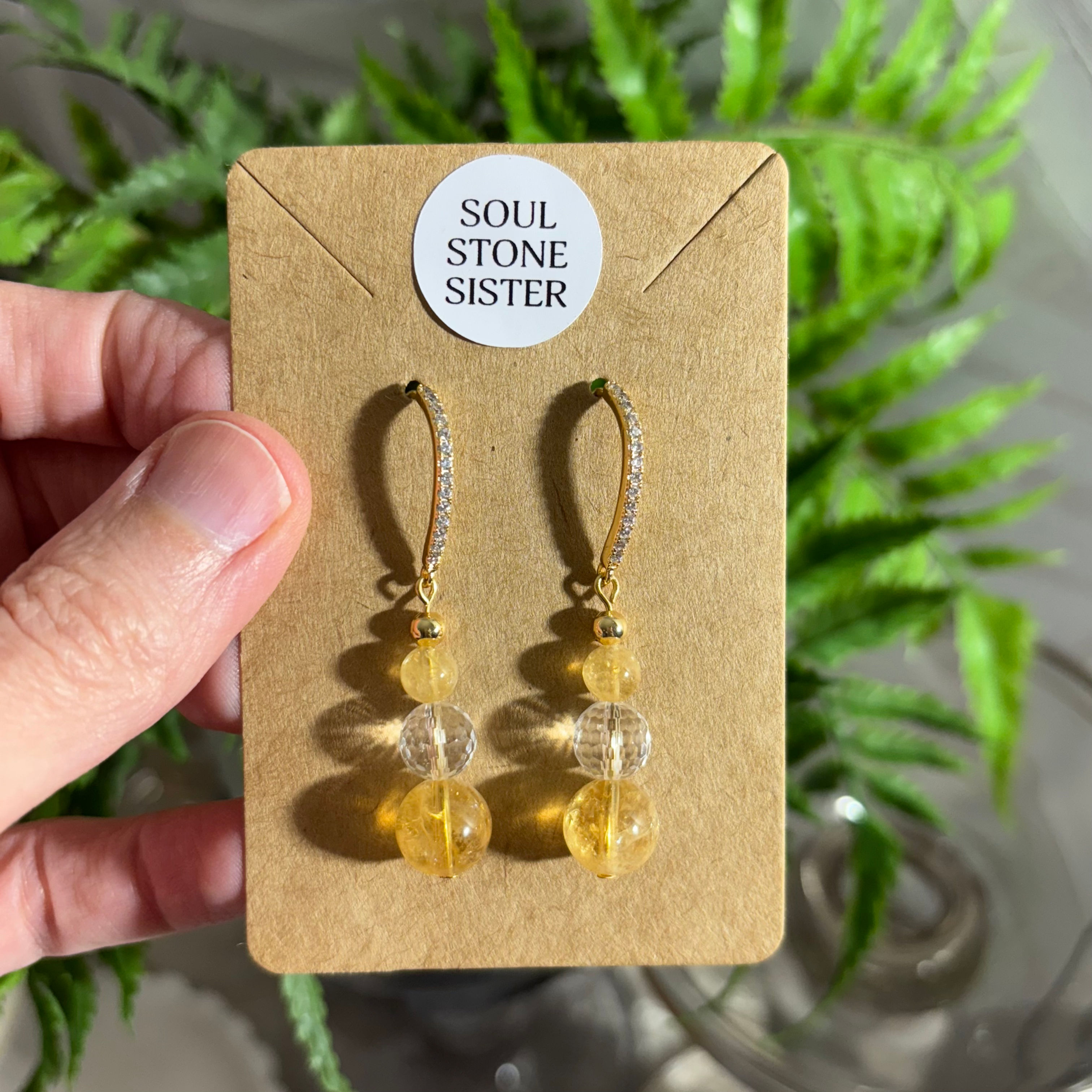 CITRINE & CLEAR QUARTZ CZ GOLD PLATED EARRINGS