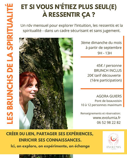 les brunchs de la spiritualité - evolumia magnétisme - Mélinda cabart. Un rendez vous mensuel autour d'un brunch pour explorer l'intuition, la spiritualité, les ressentis. A Agora Guiers à Pont de Beauvoisin. 45€/pers brunch inclus