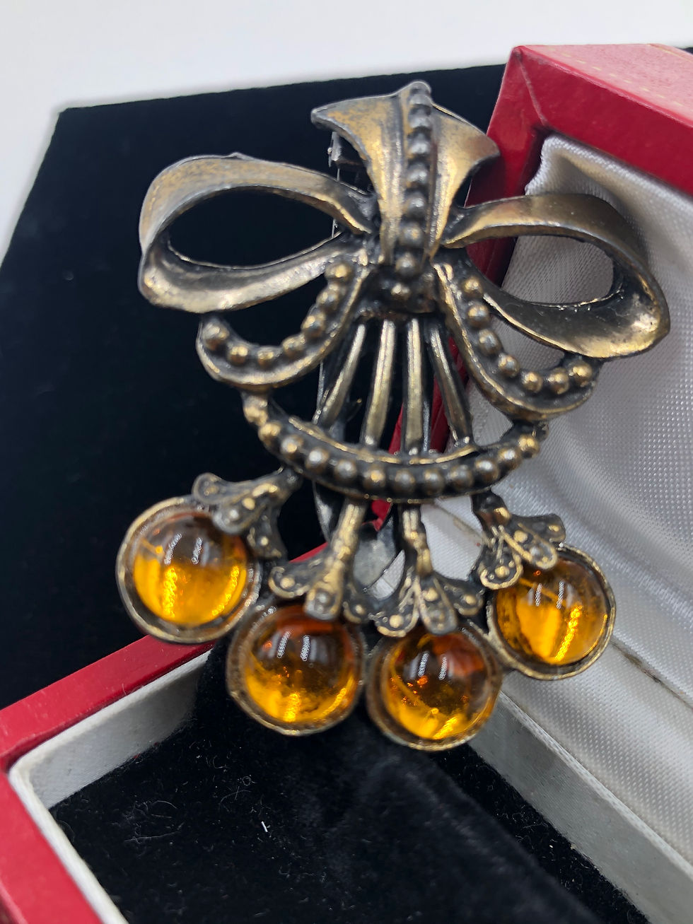 Thumbnail: Antique Art Deco Dress Clip Poured Glass Citrine Color Cabochons Floral Branch