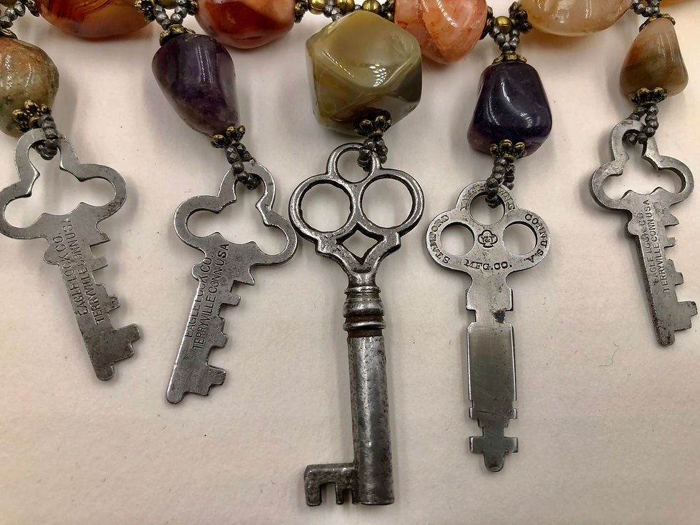 Thumbnail: Unique "Chatelaine" Necklace with Polished Tumbled Agate Stones & Antique Keys