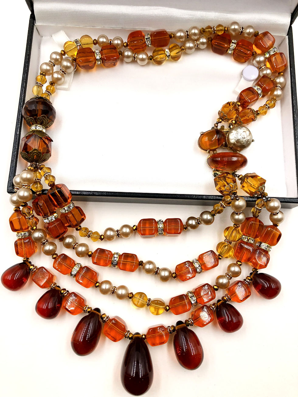 Thumbnail: Beautiful Retro-Inspired Necklace: Amber Glass Teardrop Pendants & Baroque Pearl