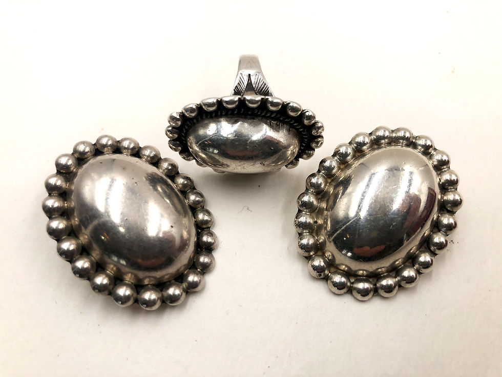 Thumbnail: Large Sterling Silver Set: Ring Size 6 and Clip Earrings Designer Signed