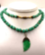 Thumbnail: Vintage Carved Jade Leaf and Jade Glass Beads Necklace Long