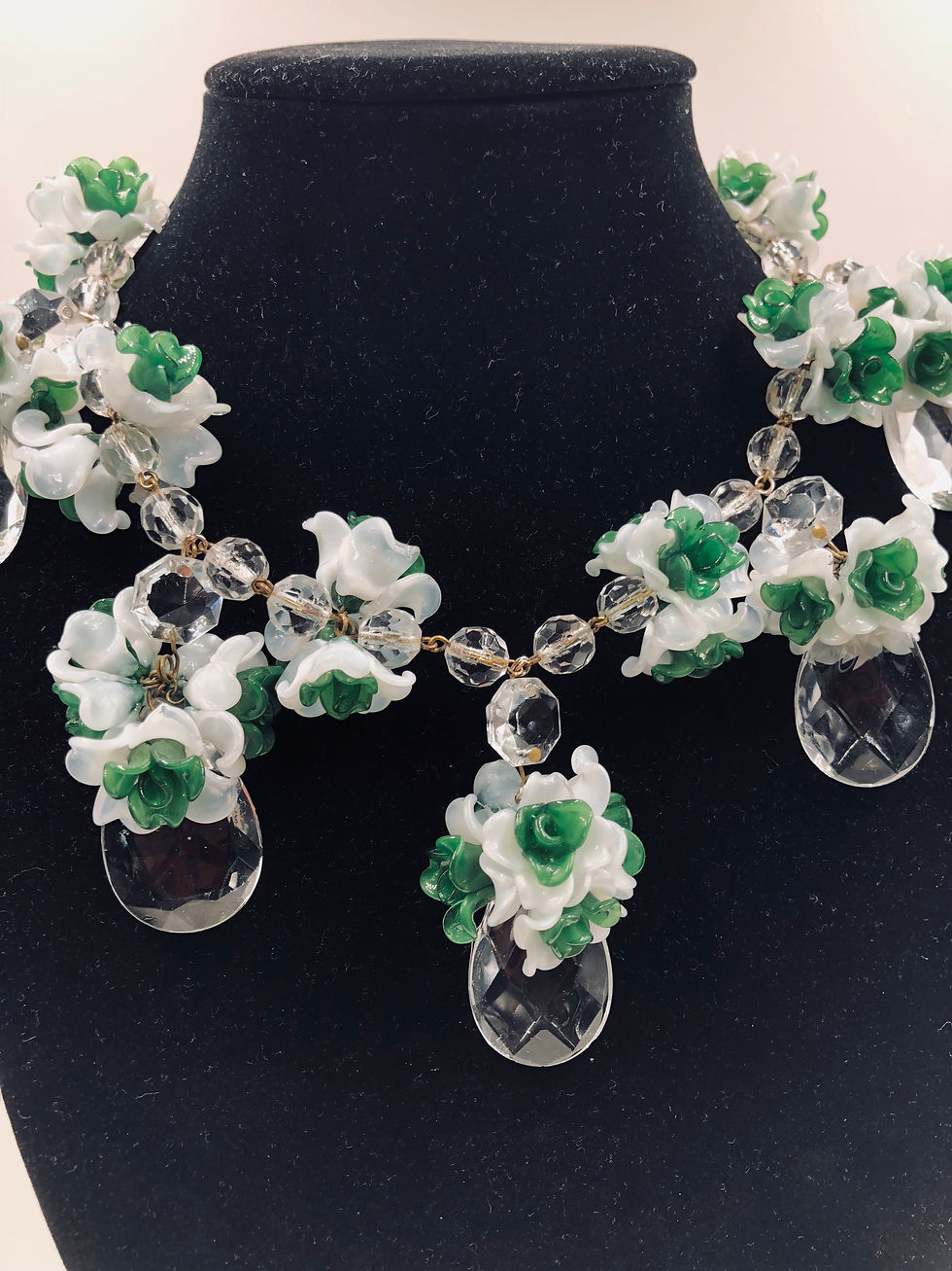 Thumbnail: Antique French Poured Glass Flowers and Crystal Clear Dangles Necklace