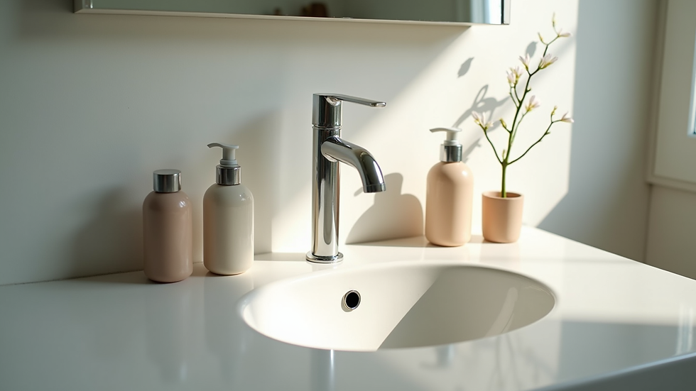 Eye-level view of a bathroom sink with natural skincare products arranged neatly