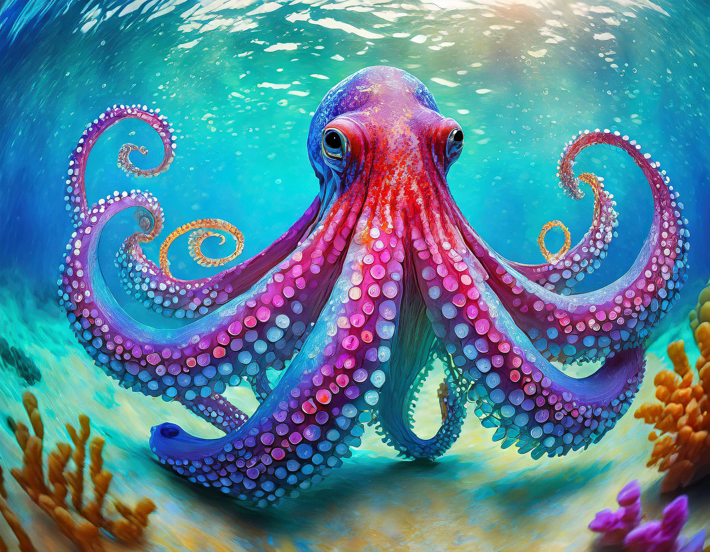 An Image in The Caribbean Sea and a beautiful Large Octopus swimming in the waters.