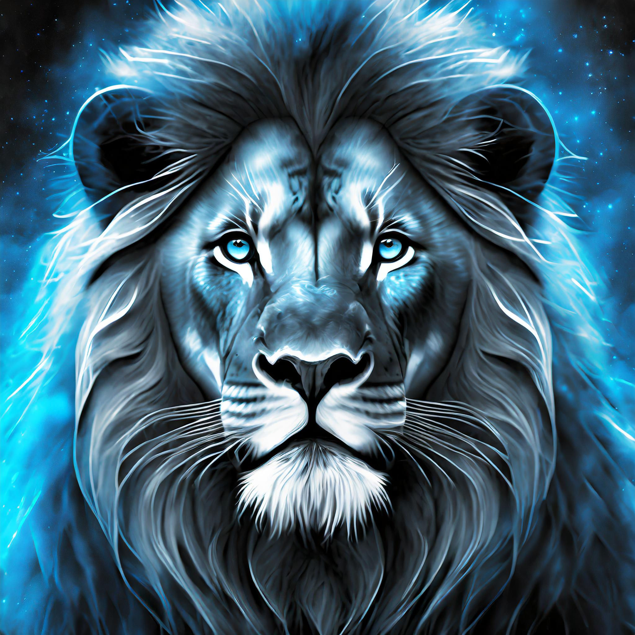 A close up portrait of a male lions face in blue lighting.