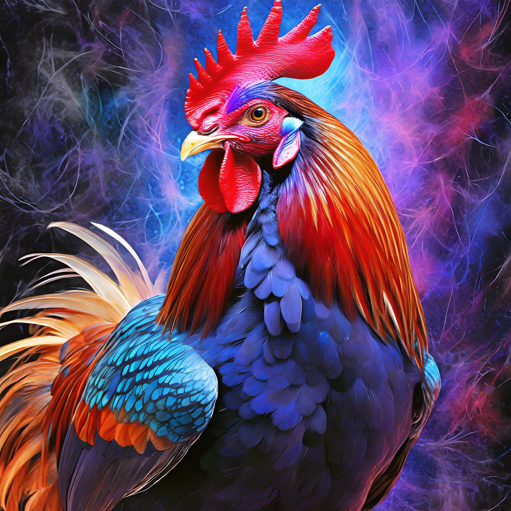 A portrait of a extremely vibrant red and blue male rooster.