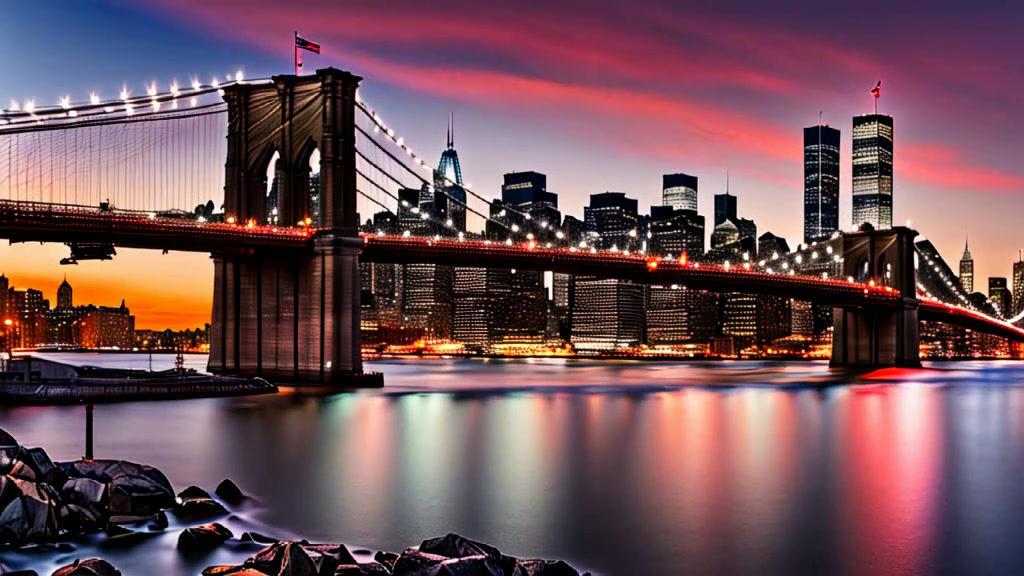 Brooklyn Bridge and New York City Skyline at Sunset.