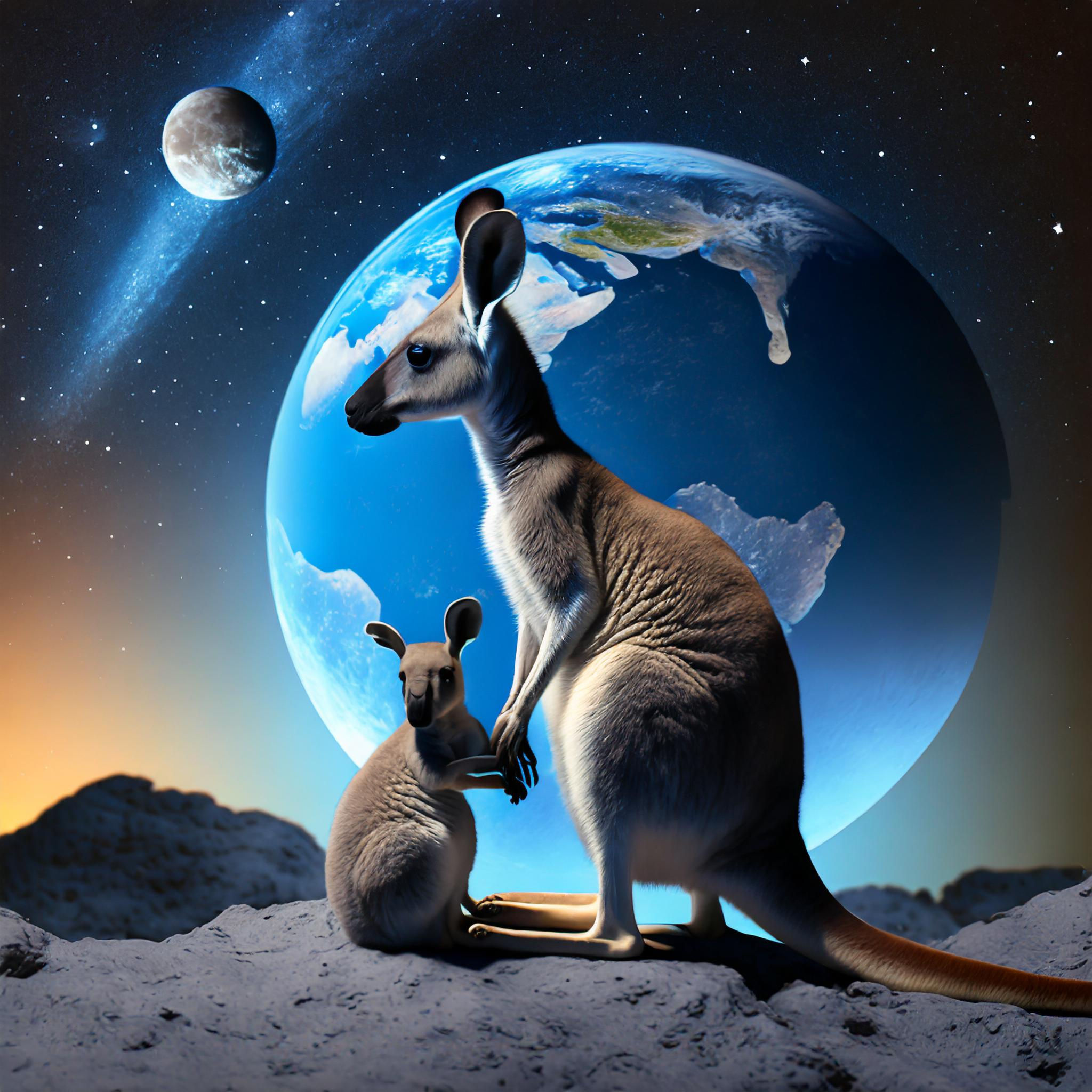 A large kangaroo and its baby on the moons surface with Earth as the background.