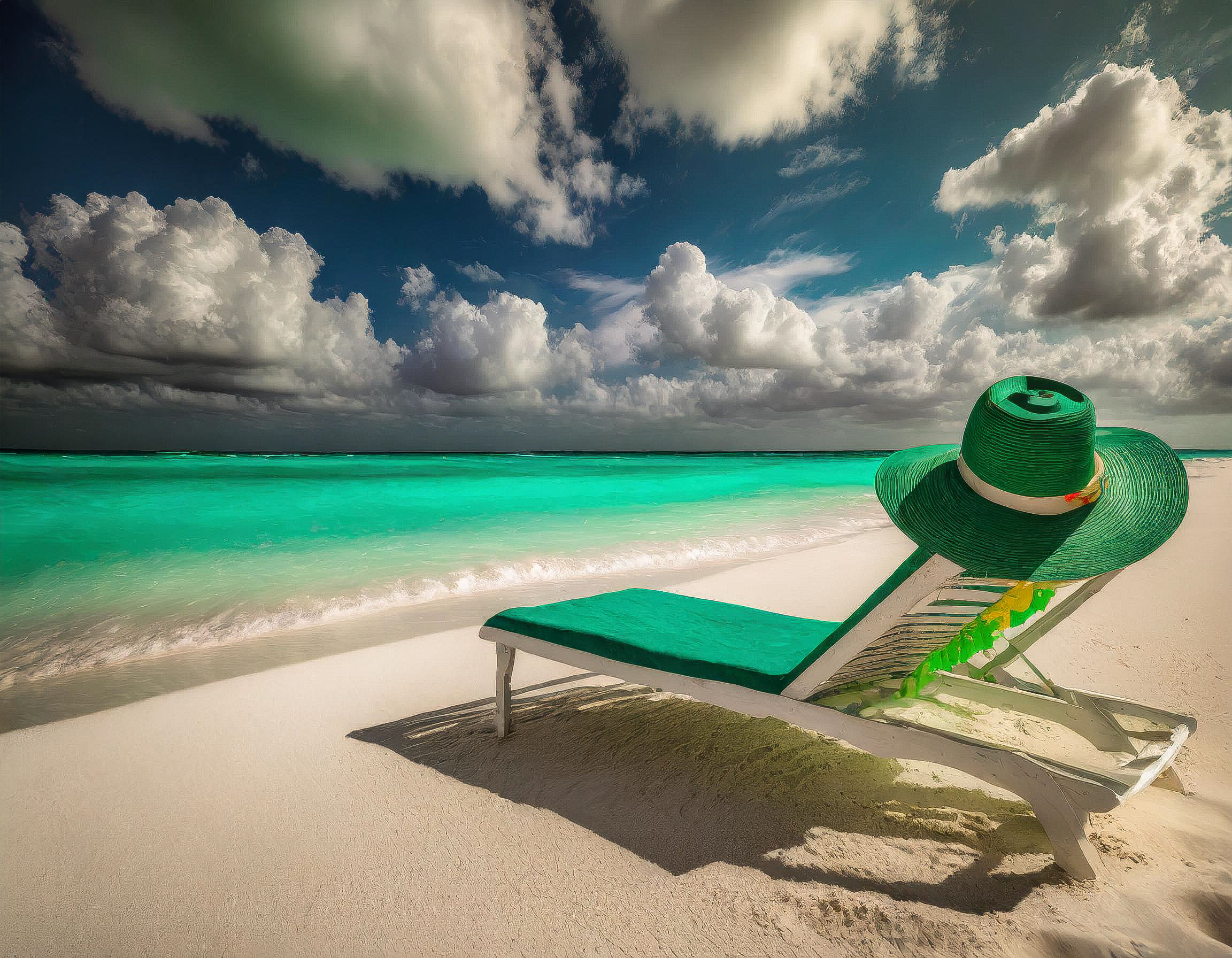 An Image of a  white  beach lounger and  green sun hat on a beautiful unspoiled beach in the Caribbean Islands.