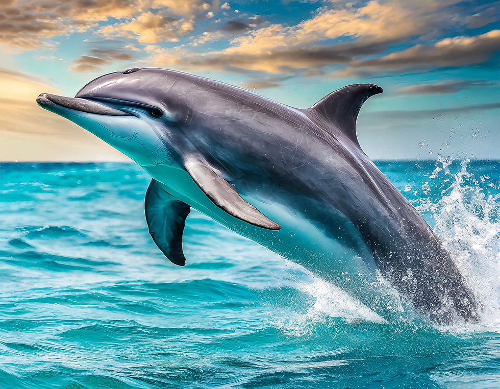 An Image of The Caribbean Sea and a beautiful Dolphin jumping out of the water and splashing.