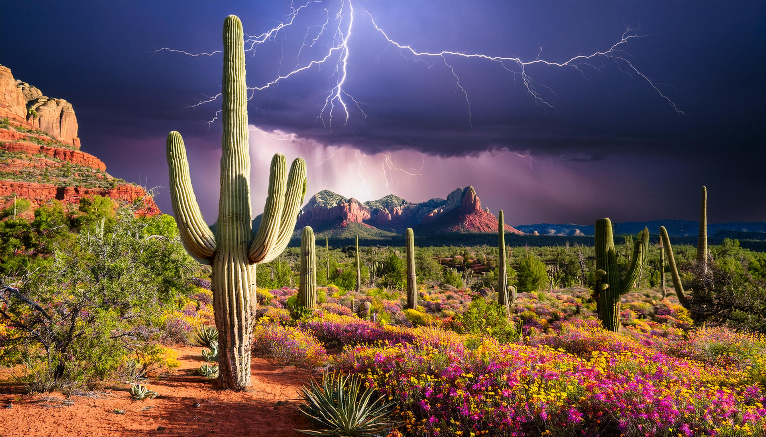 The Sedona Desert at Sunset with Saguaro Cactus and Lightning.