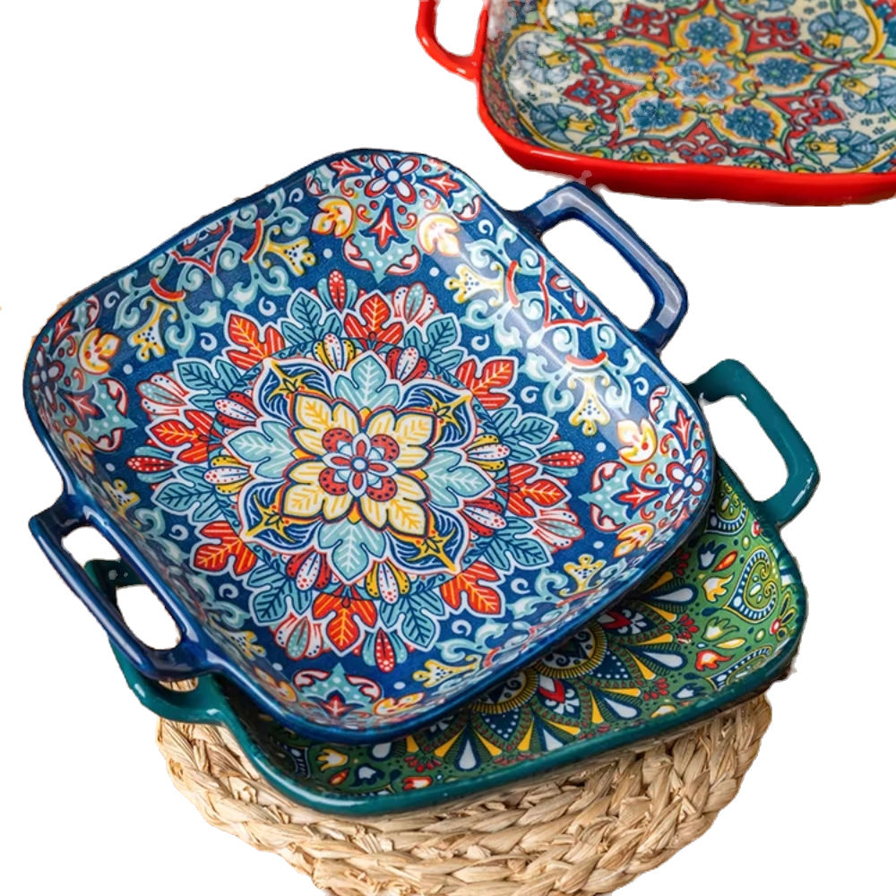 BakeCraft Tools 9-inch bohemian ceramic pasta bowl square – oven safe salad plate with elegant pattern
