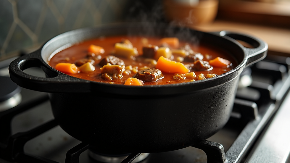 Eye-level view of a large cast iron Dutch oven filled with stew on a stovetop
