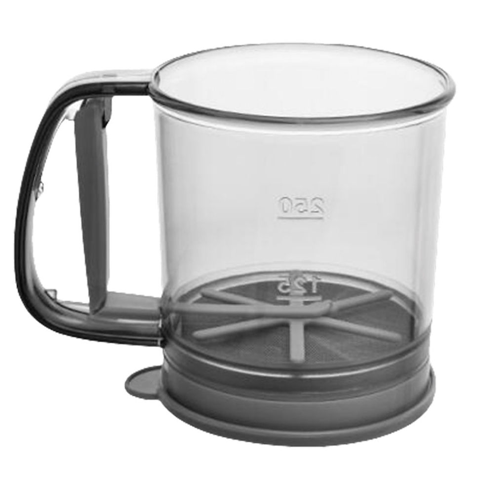 Thumbnail: Clear flour sifter on baking sheet with croissant, flour, and text. Gold fork and spoon on gray table, creating a baking mood