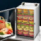 A silver food dehydrator with glass door open, displaying colorful sliced fruits on trays. A basket of fresh produce sits on a marble counter.