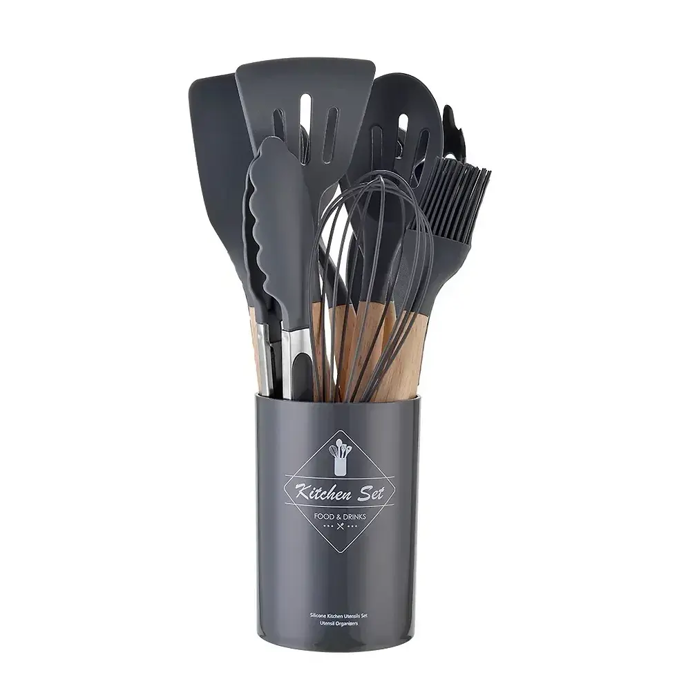 Thumbnail: 12-Piece Silicone Cooking Spoon Set with Wooden Handles
