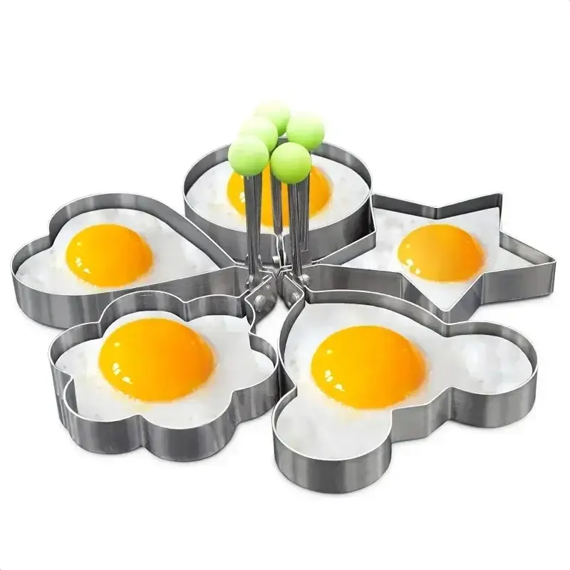 Thumbnail: BakeCraft Tools stainless steel egg rings set 5 shapes round heart star flower – non-stick fried egg molds