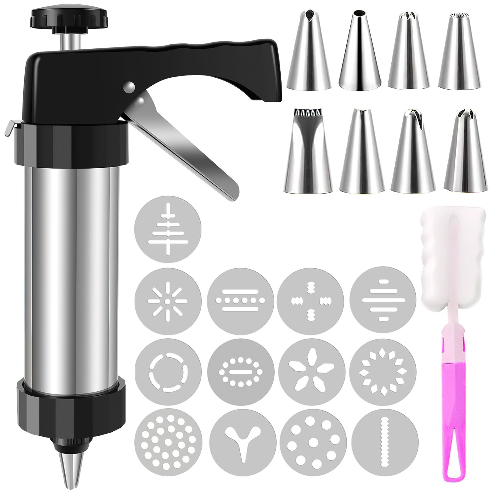 Cookie Press Kit with 13 Discs & 8 Nozzles - Stainless Steel Spritz Maker
