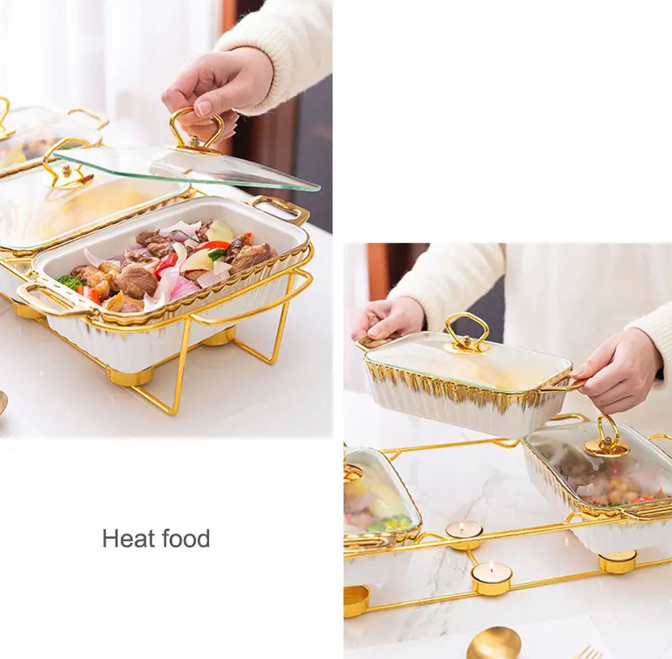 Thumbnail: Product: Ceramic Chafing Dish Porcelain Casserole Set in use