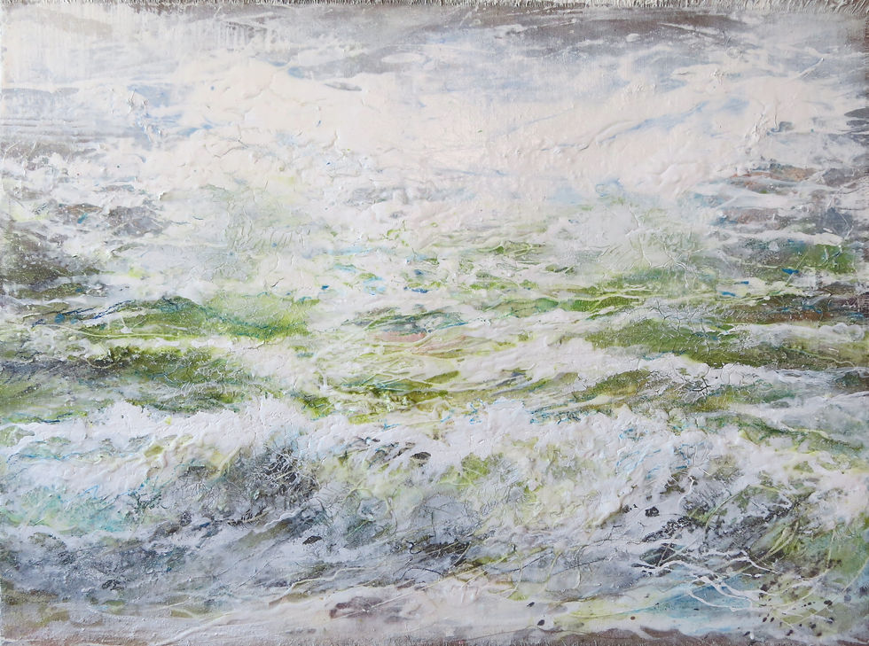 Renate Fäth Silbergrün 60x80x5cm 2025 Acryl, Fäden, Pasten auf Baumwolle und Gesso-Board
