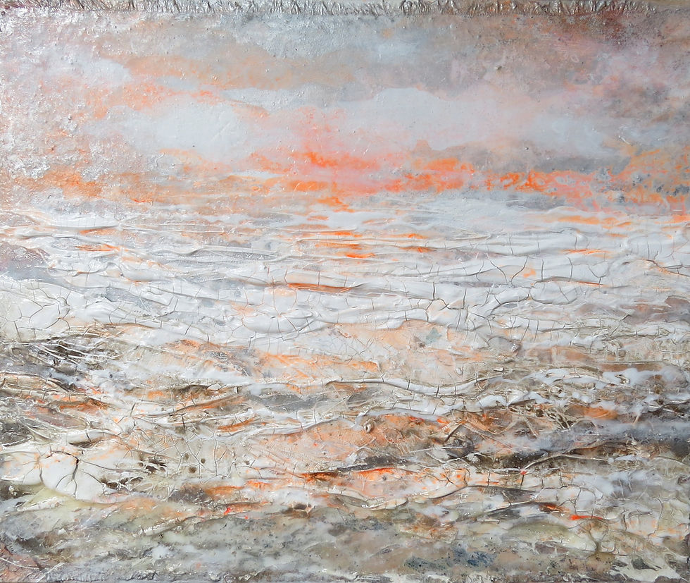 Renate Fäth Soft - Orange 2025 50x60cm Acryl, Fäden Pasten auf Baumwolle und Holz 2 - Kopi