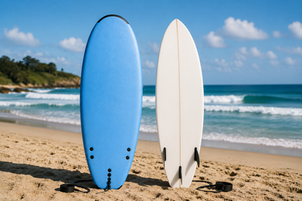 Foam vs fibreglass surf boards in the sand at the beach