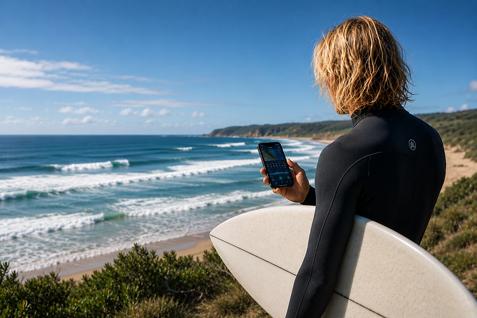 A blonde haird surfer using his smartphone at the beach learning how to read a surf forecast in plain English.
