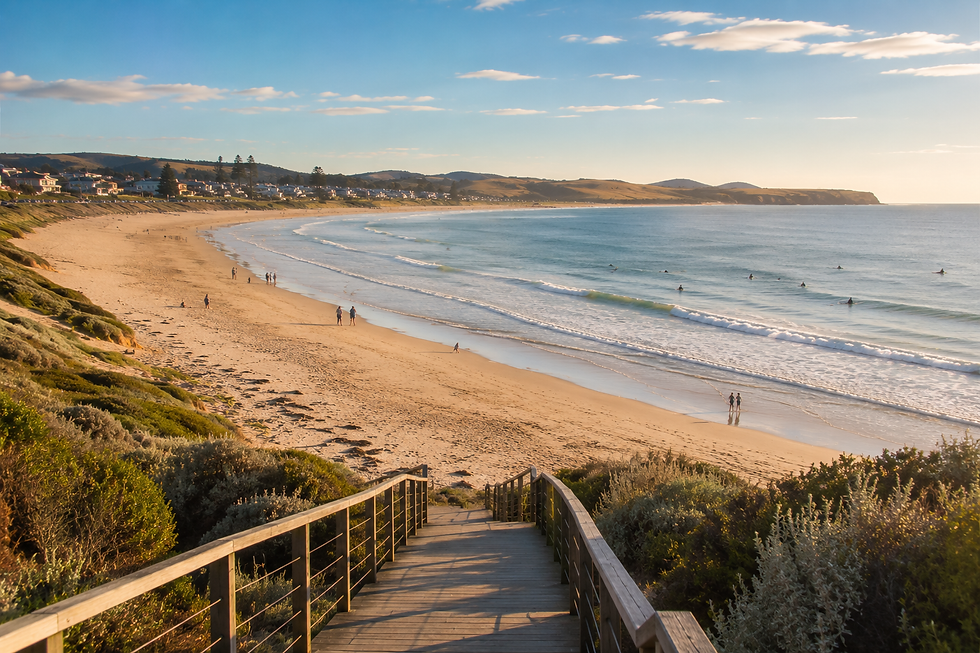 view of the afternoon sun over the Middleton Beach, Fleurieu Peninsula Middleton, a perfect beach for learning to surf