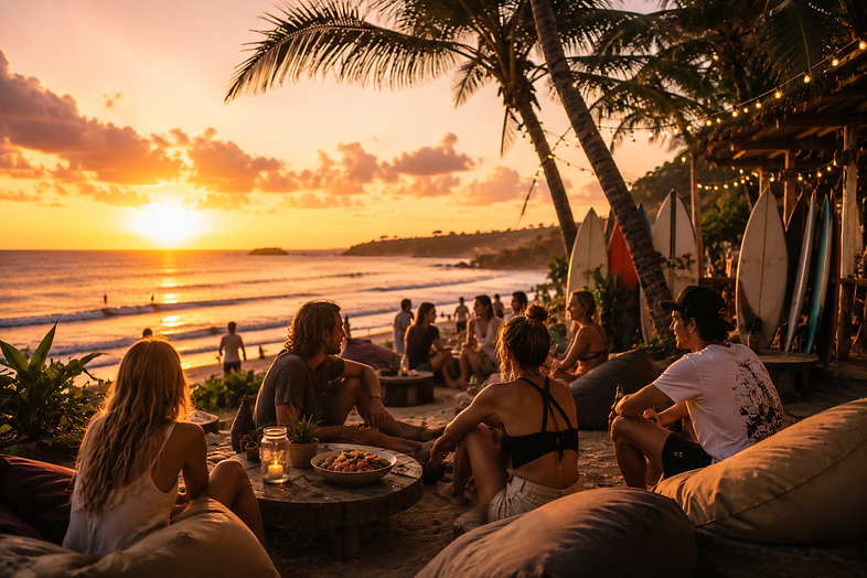 Surfers relaxing together after a day of surfing at a Bali surf camp