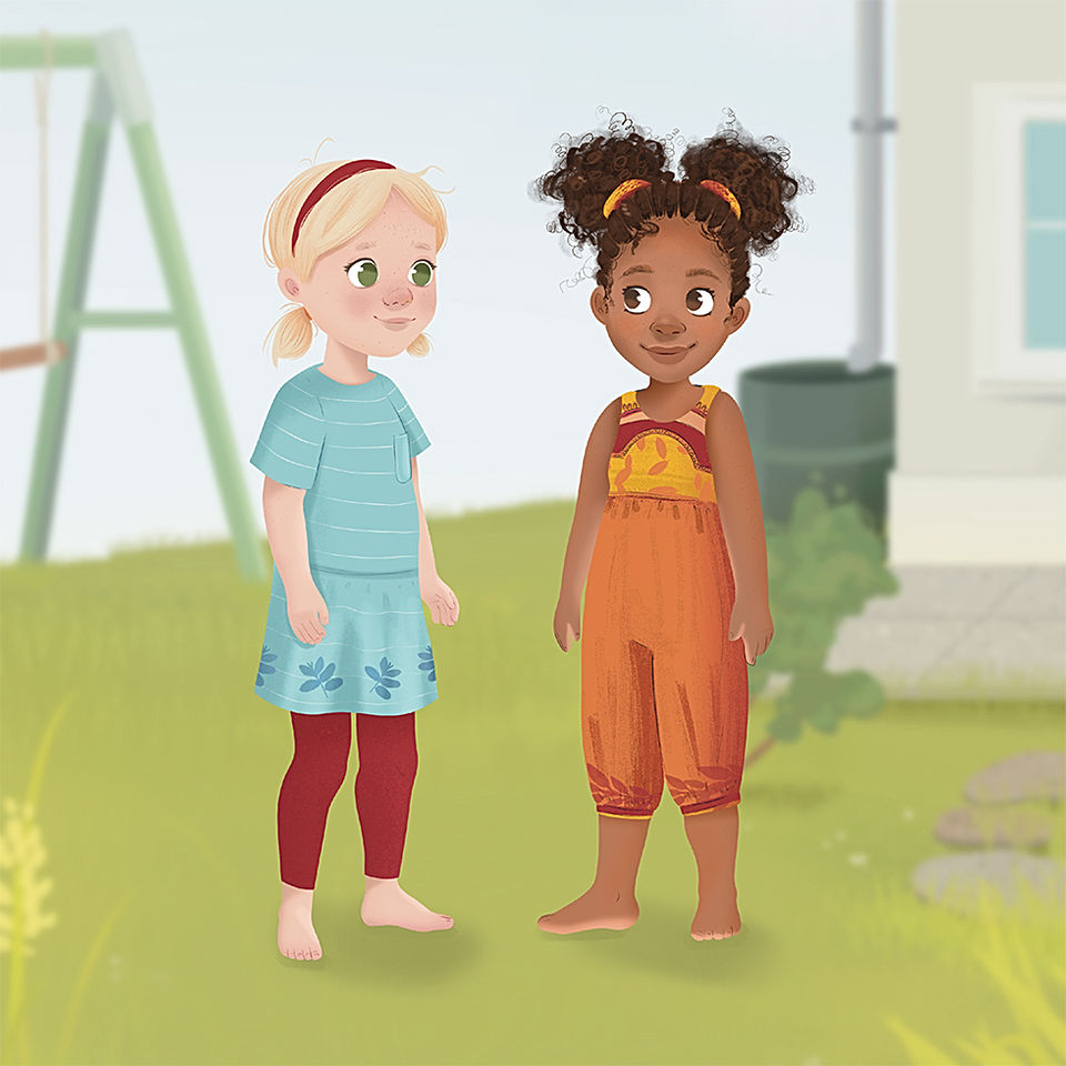 Charakterdesign von zwei Mädchen, stehen im Garten aus dem Buch "Madita und die Welt der feinen Gefühle" 