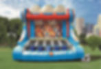 2 players face off against each other. The rules of this game are easy. Each player gets 2 balls and must toss the balls into one of the top 3 holes. The balls will shift as they move from one inflatable peg to another. When a ball lands in a slot, add up the points. 