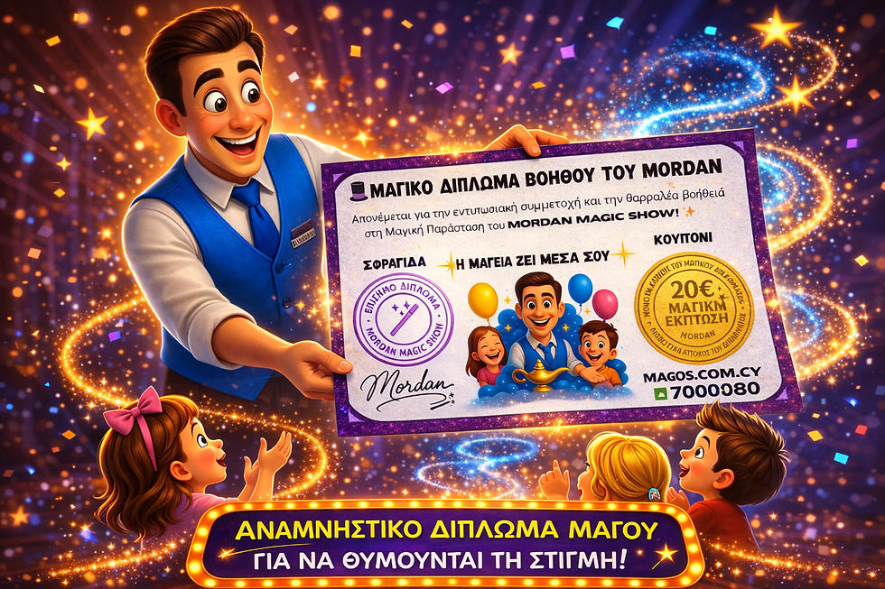 Μάγος Mordan σε διαδραστική παράσταση ταχυδακτυλουργίας για παιδικά πάρτι και γενέθλια στην Κύπρο.