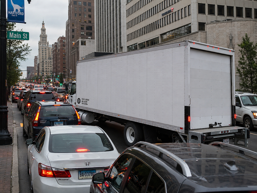 Wide landscape photo of downtown Hartford, CT, with a white box truck in traffic on Main Street, tall office buildings, and evening city lights.