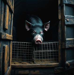 A black cumbersome hog in the hull of a galleon snooping around chicken cages..jpg
