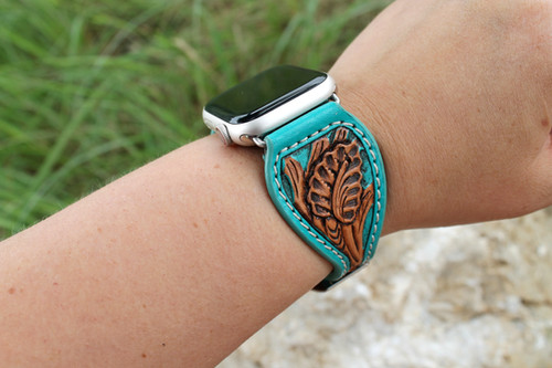 Leather Watch Band - Hand Carved Oak Leaf, Turquoise | Hadlock Designs