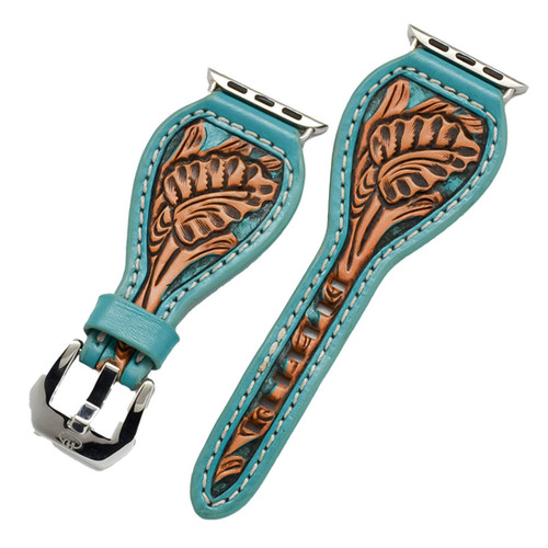 Leather Watch Band - Hand Carved Oak Leaf, Turquoise | Hadlock Designs