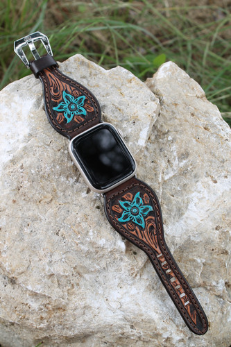 Leather Watch Band - Hand Carved Floral Design, Turquoise 