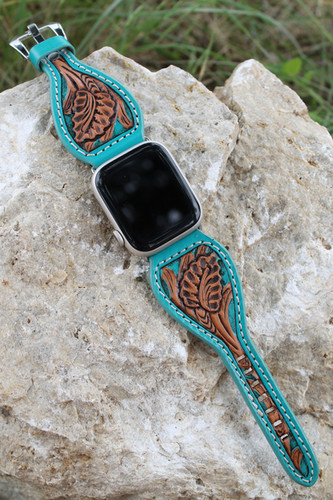 Leather Watch Band - Hand Carved Oak Leaf, Turquoise | Hadlock Designs