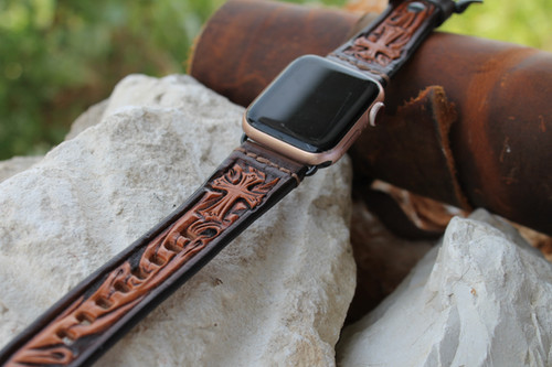 Leather Watch Band - Hand Carved Cross, Brown | Hadlock Designs