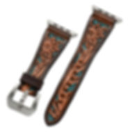 Leather Watch Band - Hand Carved Floral Design, Turquoise Background
