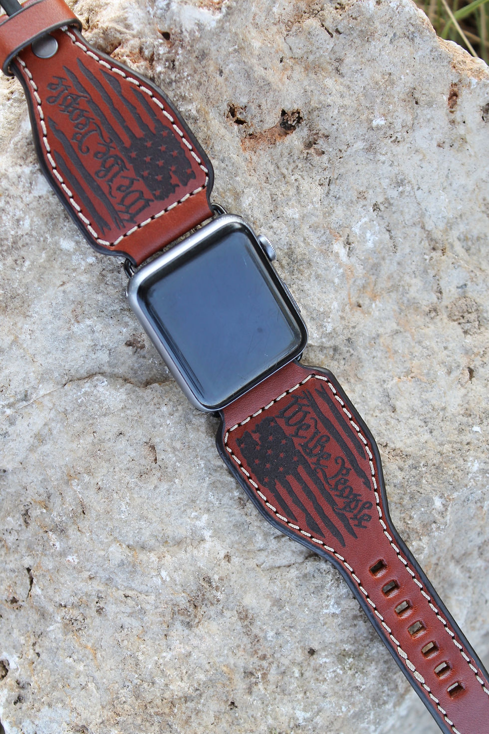 Thumbnail: Leather Watchband, Laser etched American Flag, "We The People" Chestnut