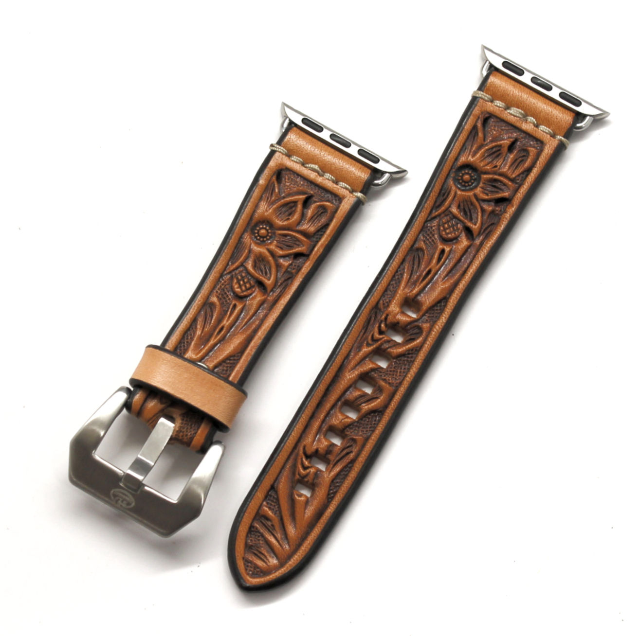 Leather Watch Band - Hand Carved Floral Design, Natural