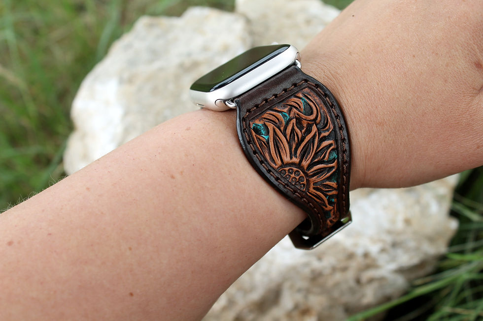 Thumbnail: Leather Watch Band - Hand Carved Sunflower, Turquoise Background