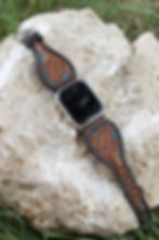 Thumbnail: Leather Watch Band - Hand Carved Oak Leaf, Turquoise Background