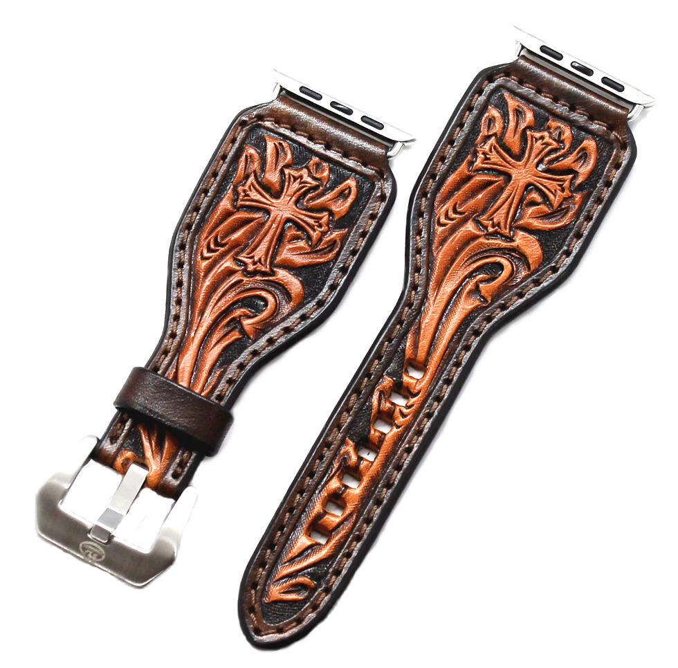 Leather Watch Band - Hand Carved Cross, Square