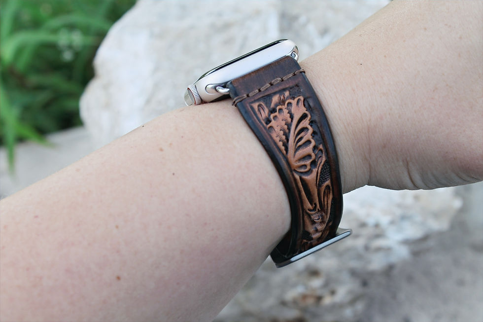 Thumbnail: Leather Watch Band, Hand Carved Oak Leaf, Brown