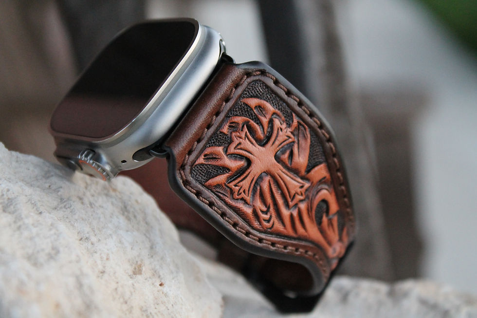 Eye-level view of a handcrafted leather Apple Watch band with detailed stitching