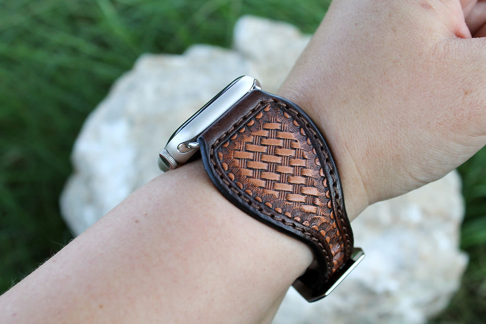 Thumbnail: Leather Watch Band - Hand Stamped Basket Weave, Brown